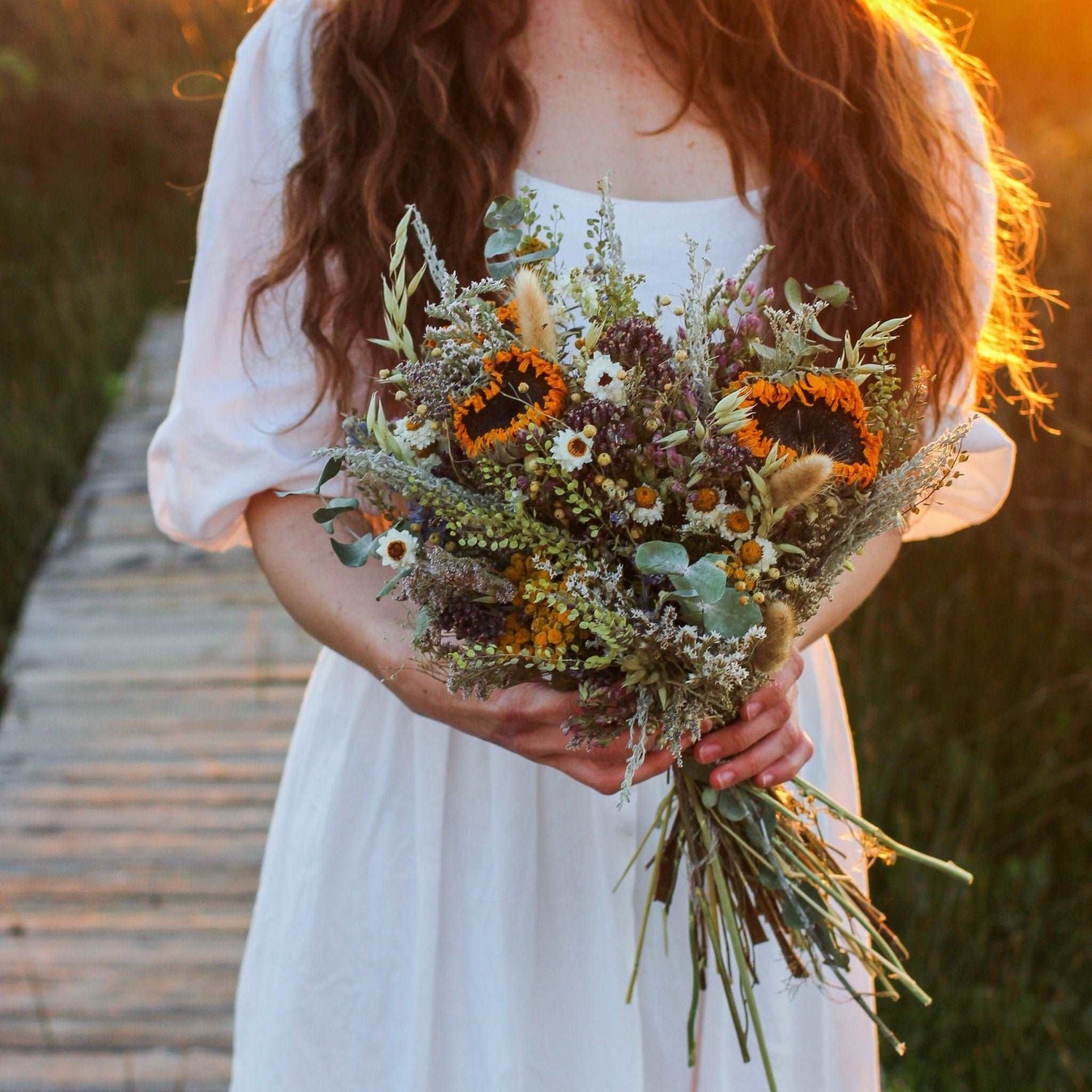 Dried Flower Bouquet – Sunflowers, Eucalyptus, Daisies & Yarrow – Rustic Farm-Grown California Wedding & Home Décor Arrangement