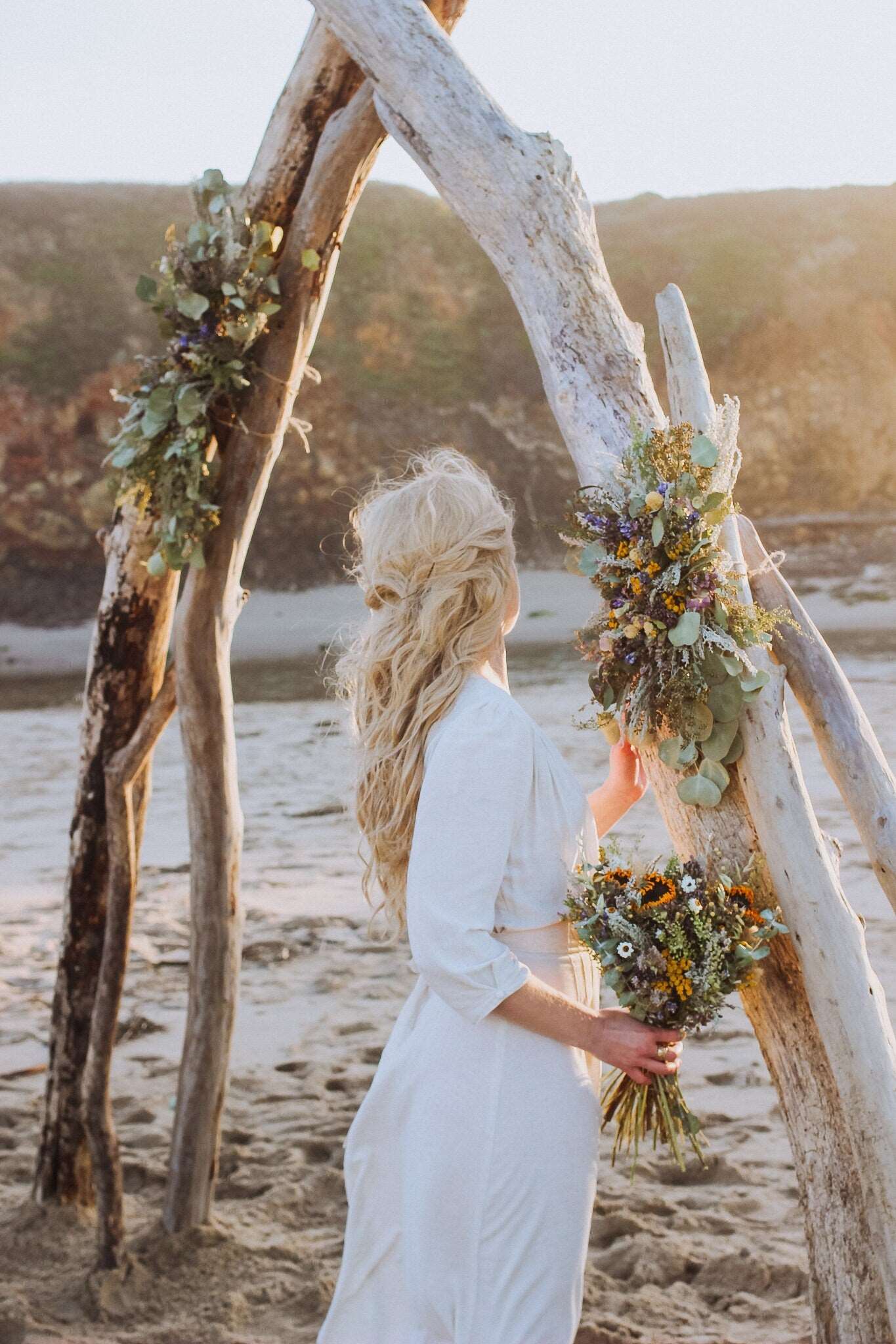 Dried Flower Bouquet – Blue Larkspur, Yarrow, Daisies & Eucalyptus – Rustic Farm-Grown California Wedding & Home Décor Arrangement