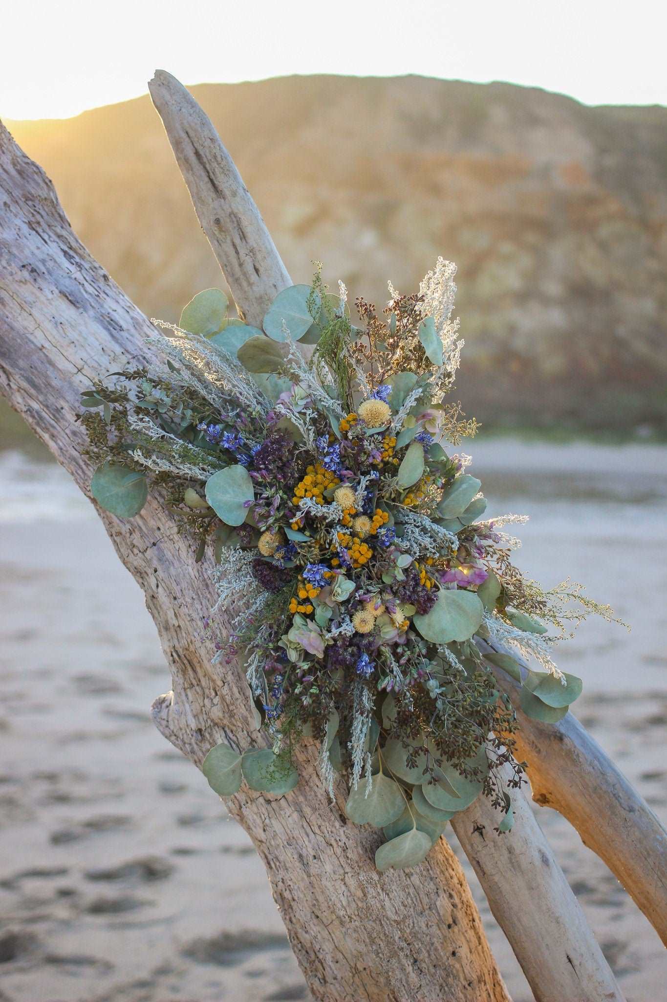 Boho Eucalyptus and Tansy Wedding Arch Arrangement