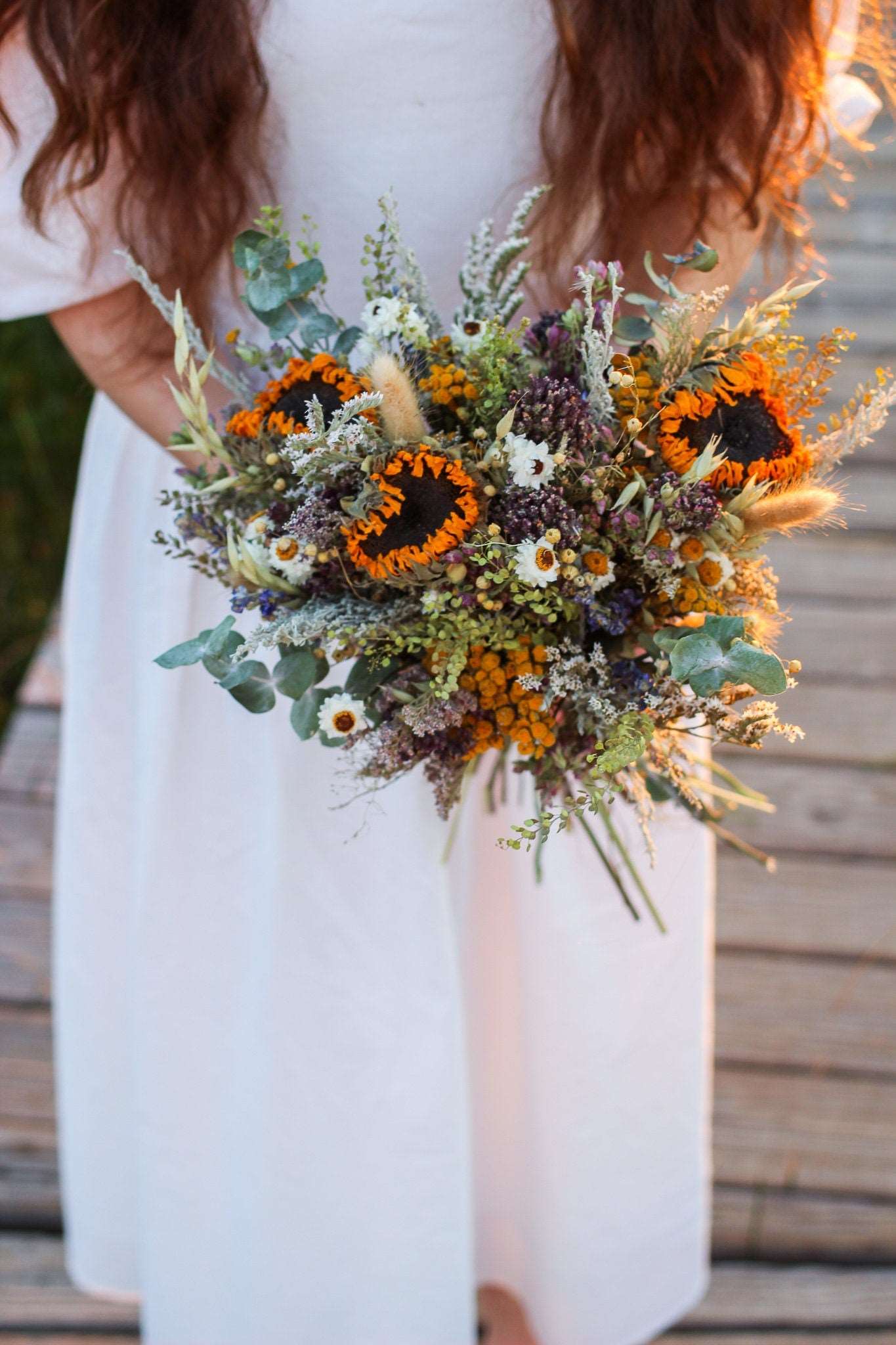Dried Flower Bouquet – Sunflowers, Eucalyptus, Daisies & Yarrow – Rustic Farm-Grown California Wedding & Home Décor Arrangement