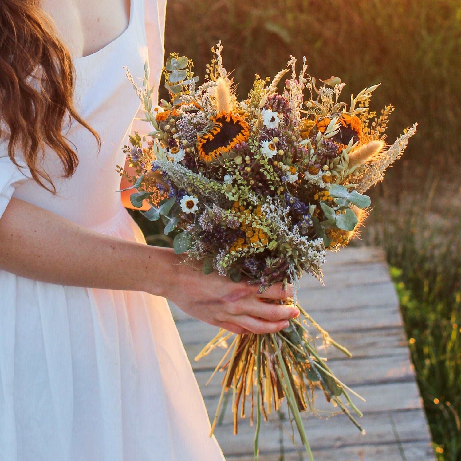 Dried Flower Bouquet – Sunflowers, Eucalyptus, Daisies & Yarrow – Rustic Farm-Grown California Wedding & Home Décor Arrangement