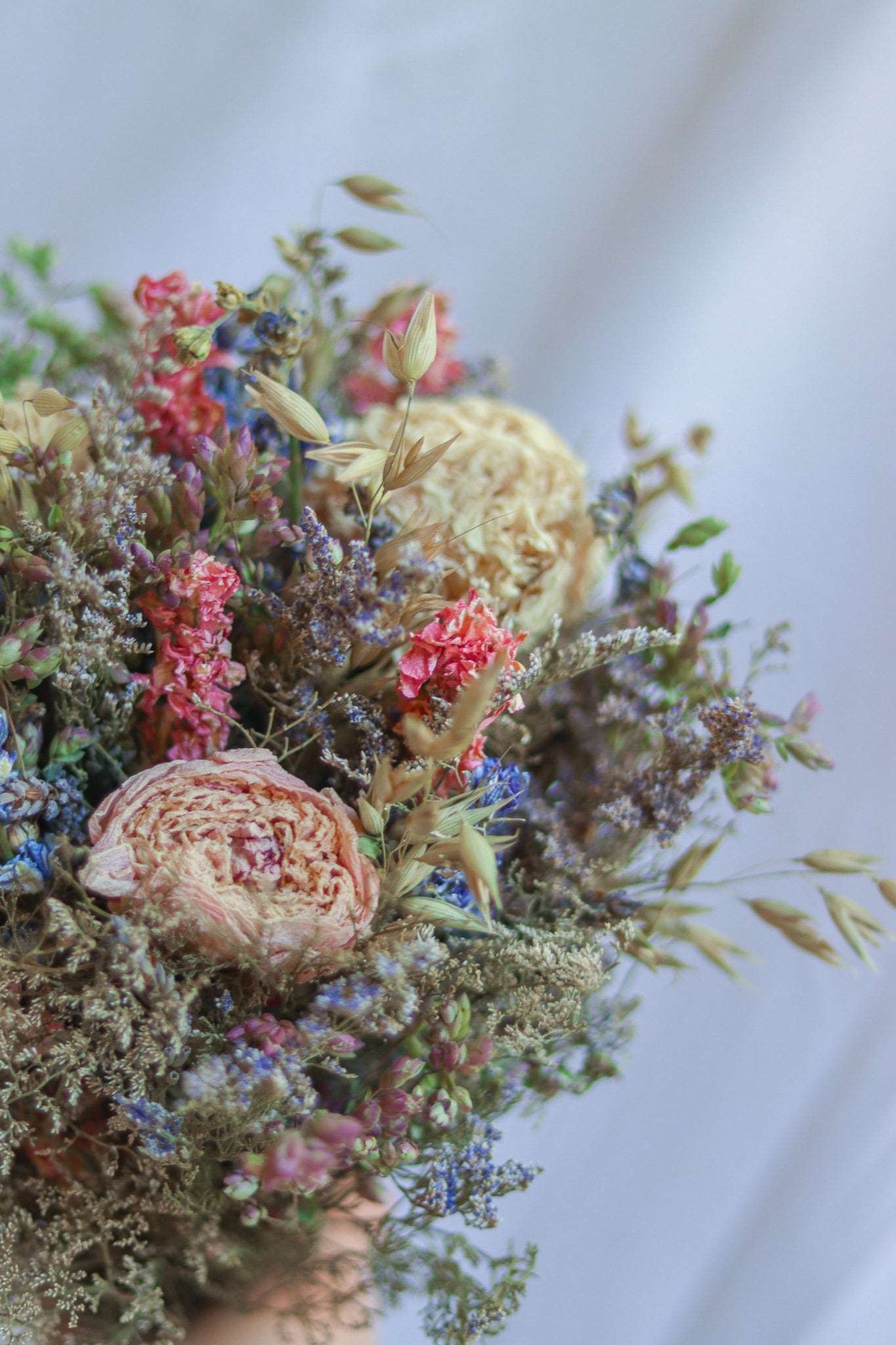 Dried Flower Bouquet – Peony, Blue & Pink Larkspur, Lavender & Avena Oats – Rustic Farm-Grown California Wedding & Home Décor Arrangement