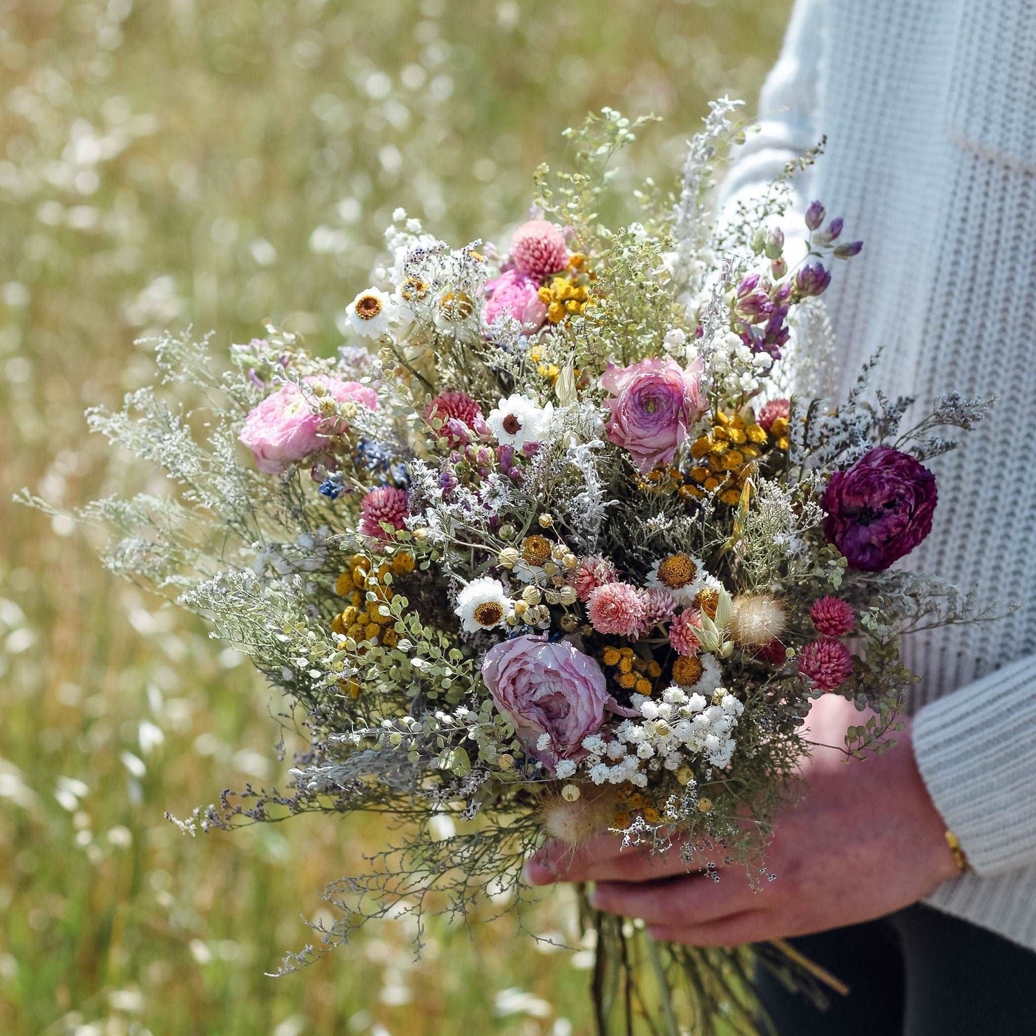Dried Flower Bouquet with Ranunculus, Yarrow, Daisies & Baby’s Breath