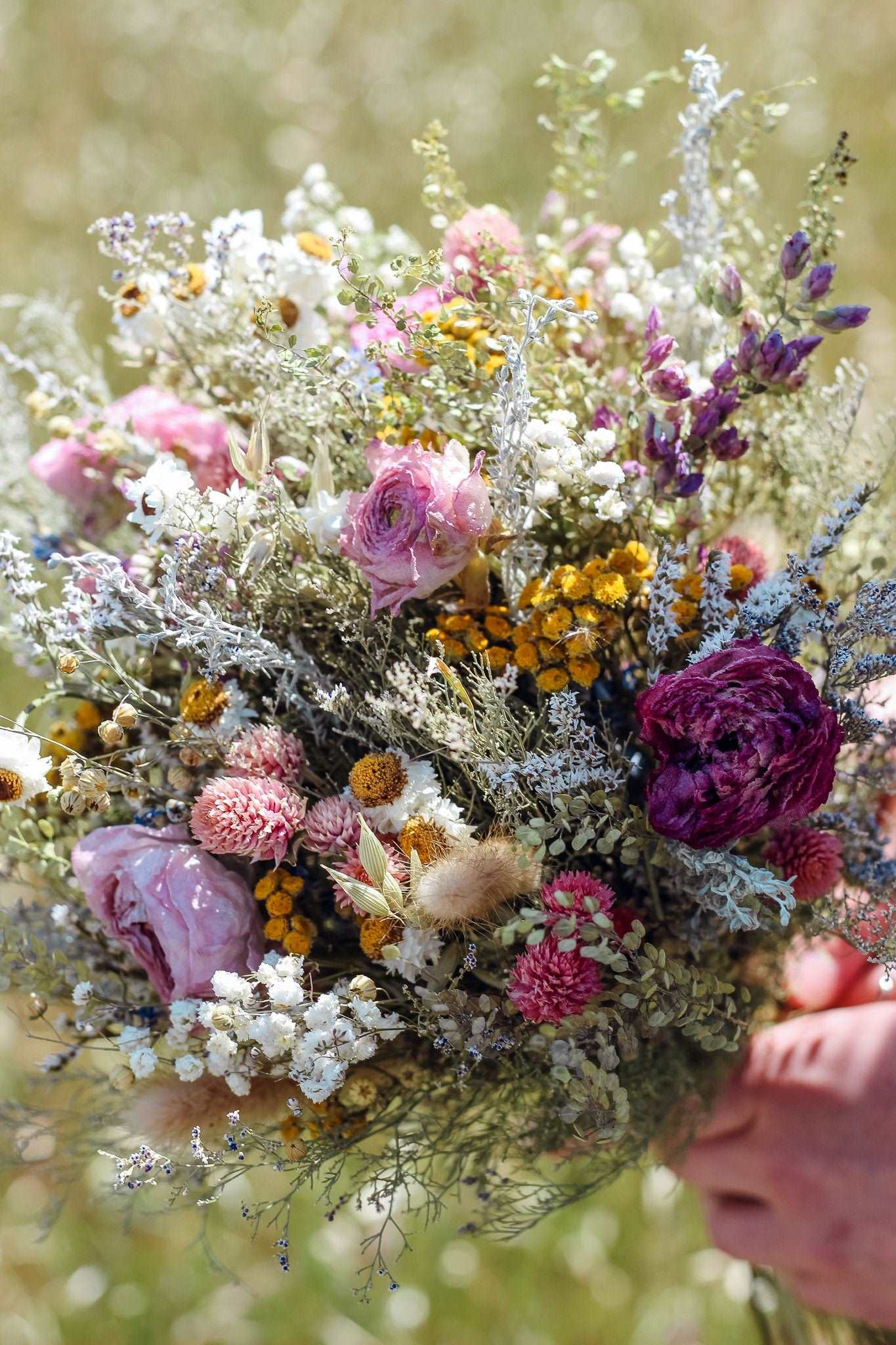 Dried Flower Bouquet with Ranunculus, Yarrow, Daisies & Baby’s Breath