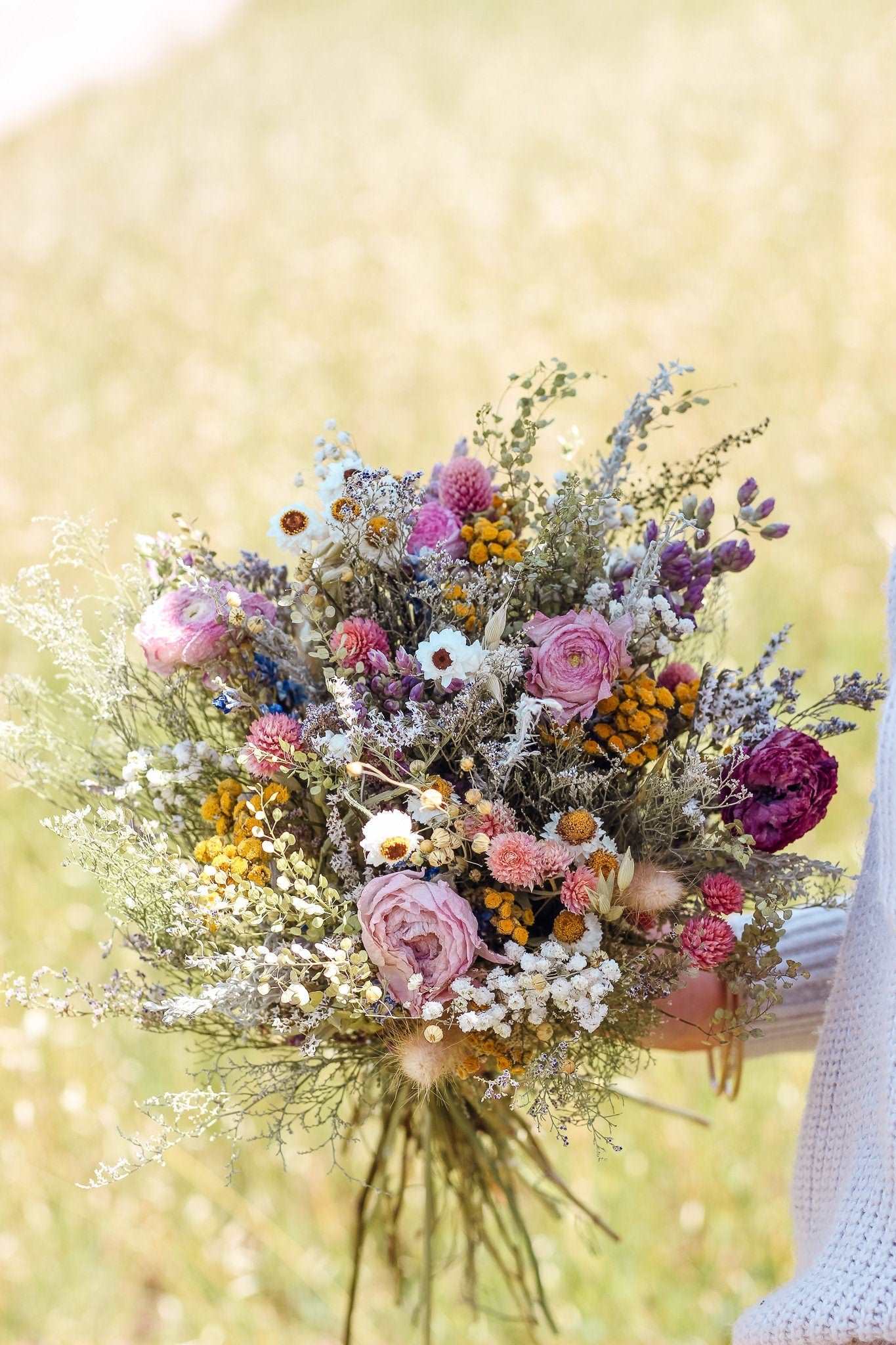 Dried Flower Bouquet with Ranunculus, Yarrow, Daisies & Baby’s Breath