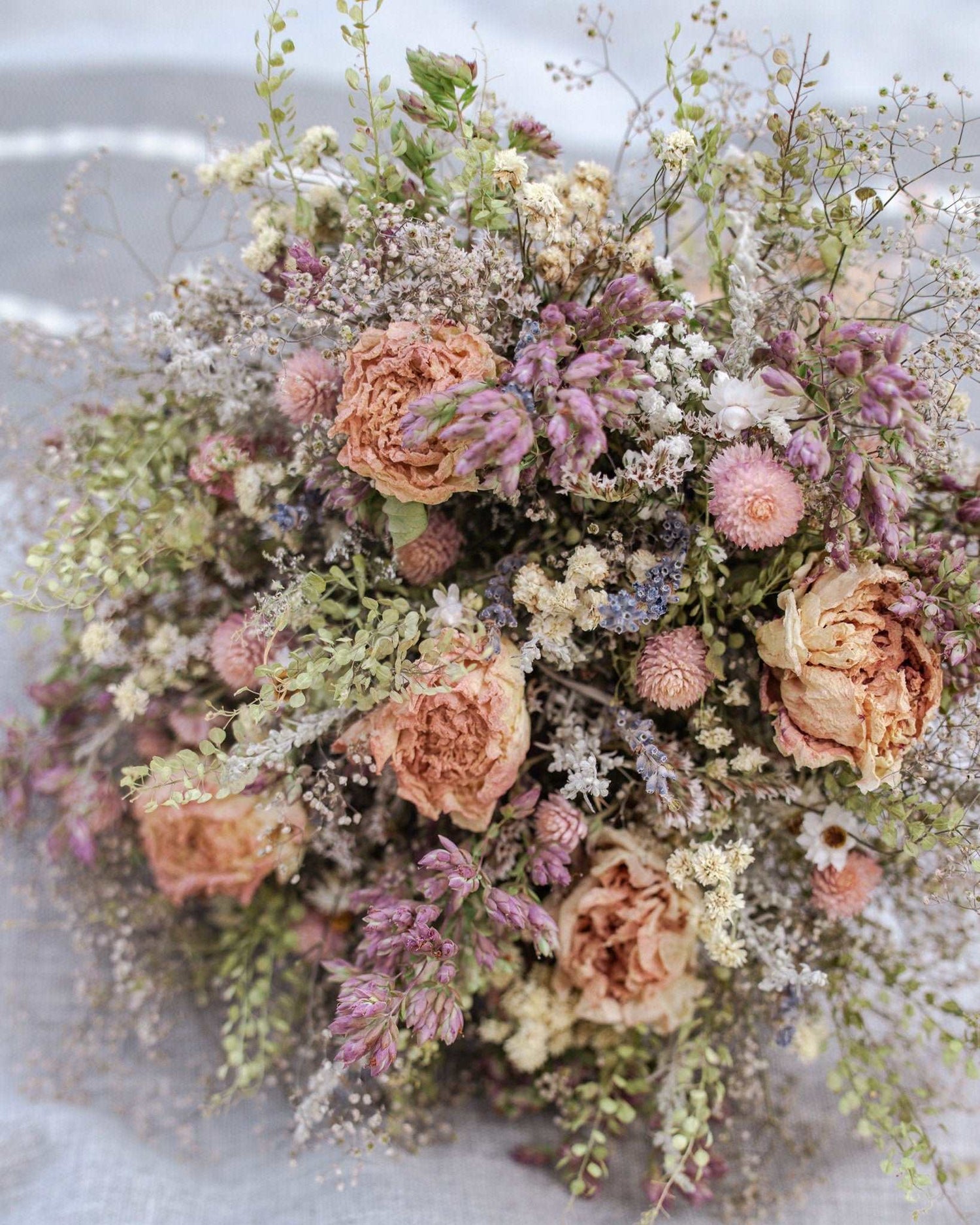 Blush Peony and Babies Breathe Dried Bridal bouquet, Dry Flower bouquet for Weddings / Rustic Boho Bridesmaid bouquet / Wildflower bouquet