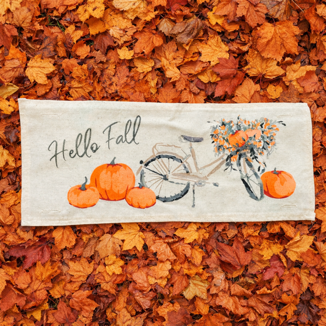 PANEL ONLY: RECTANGLE Hello Fall Floral Vintage, Boho, Autumn; FALL BIKE