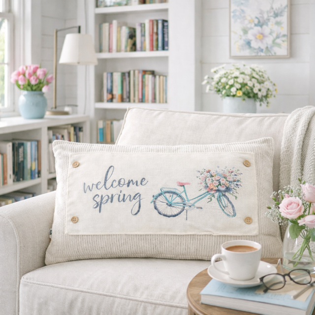 PANEL ONLY: RECTANGLE for throw pillow Flowers Tulips Vintage Old Floral SPRING BIKE