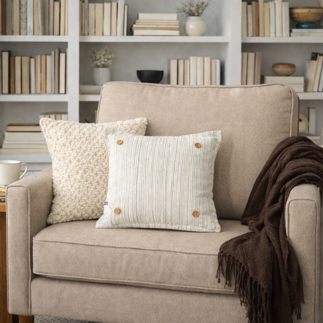 PILLOW ONLY: SQUARE Ticking Stripes Pillow;  CREAM/BLACK/TAN TICKING STRIPES PILLOW (with insert)
