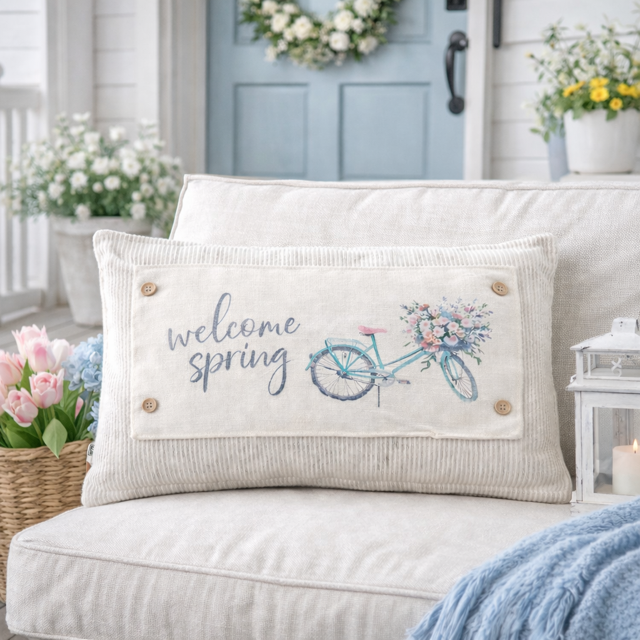 PANEL ONLY: RECTANGLE for throw pillow Flowers Tulips Vintage Old Floral SPRING BIKE