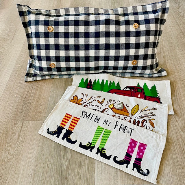 NEW! BUNDLE SET: Buffalo Check Gingham Pillow (comes w/ foam insert & these 3 panels in back pocket)  SMELL MY FEET, PUMPKIN PIE, CHRISTMAS TRUCK