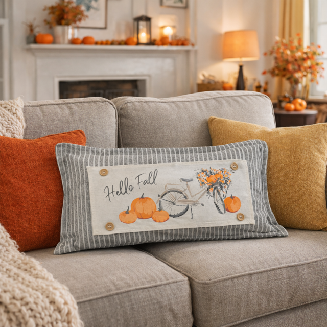 PANEL ONLY: RECTANGLE Hello Fall Floral Vintage, Boho, Autumn; FALL BIKE