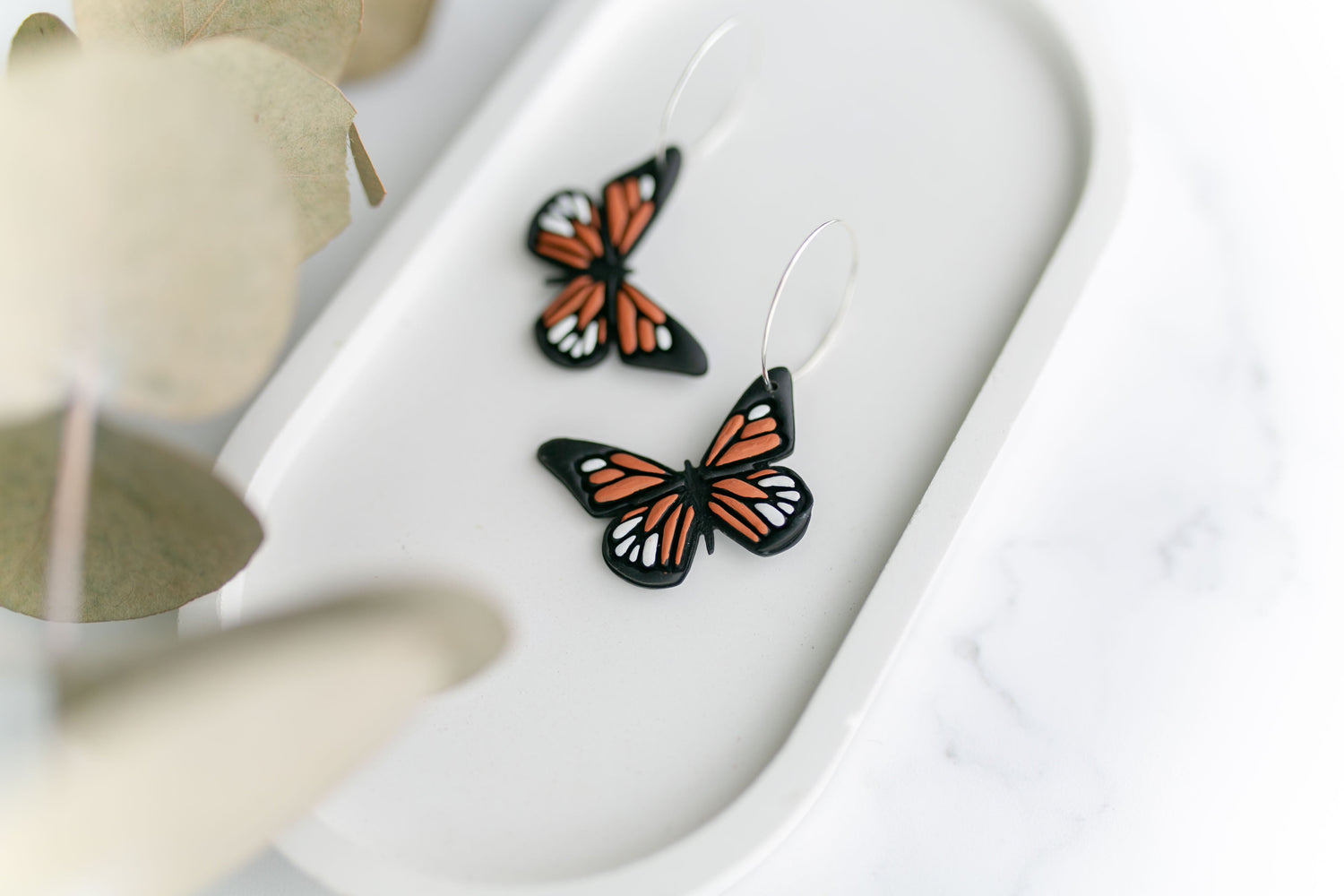 Clay earrings | monarch butterfly hoops | Hand Painted