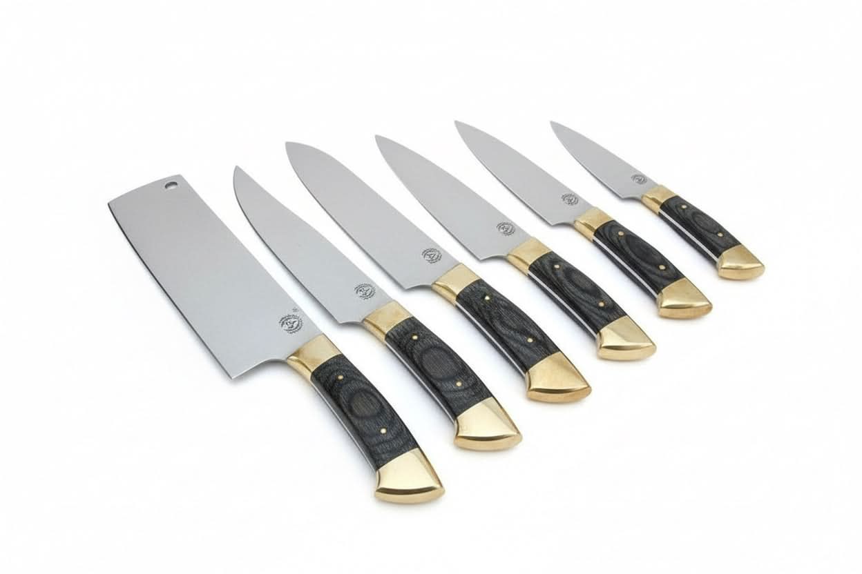 J2 Steel Mirror Polished Kitchen Knife Set with Black Pakka Wood Handles