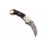 Handmade Damascus Folding Karambit Knife with Ring Handle, Dark Wood Grip & Engraved Bolster