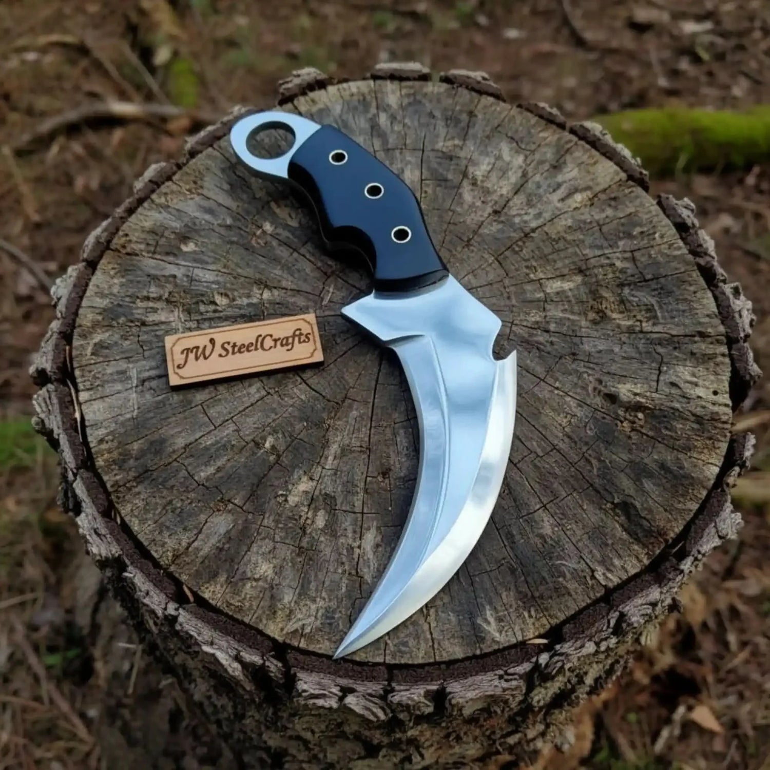 Damascus Steel Karambit Pair, Stag Horn & Wood Handle, 9-inch Blade