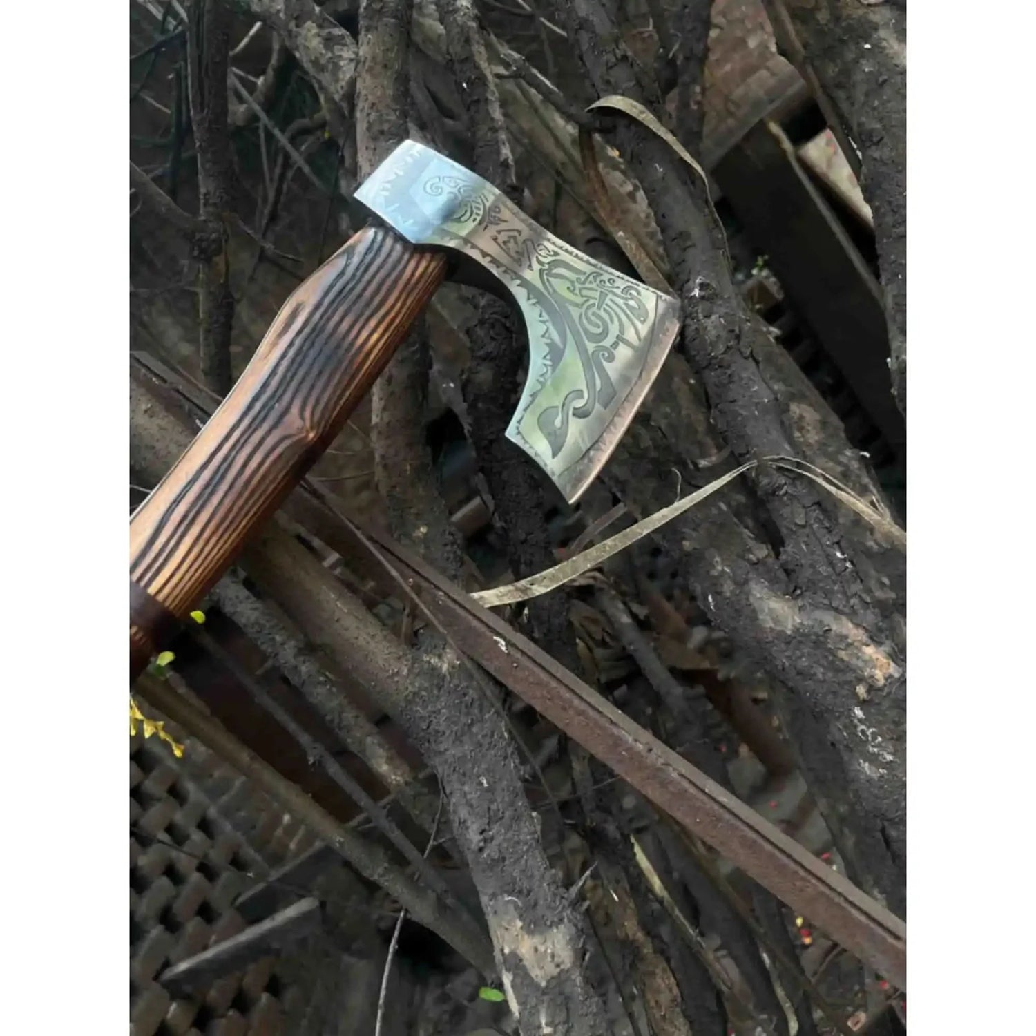 Engraved Carbon Steel Ragnar Axe with Bearded Head