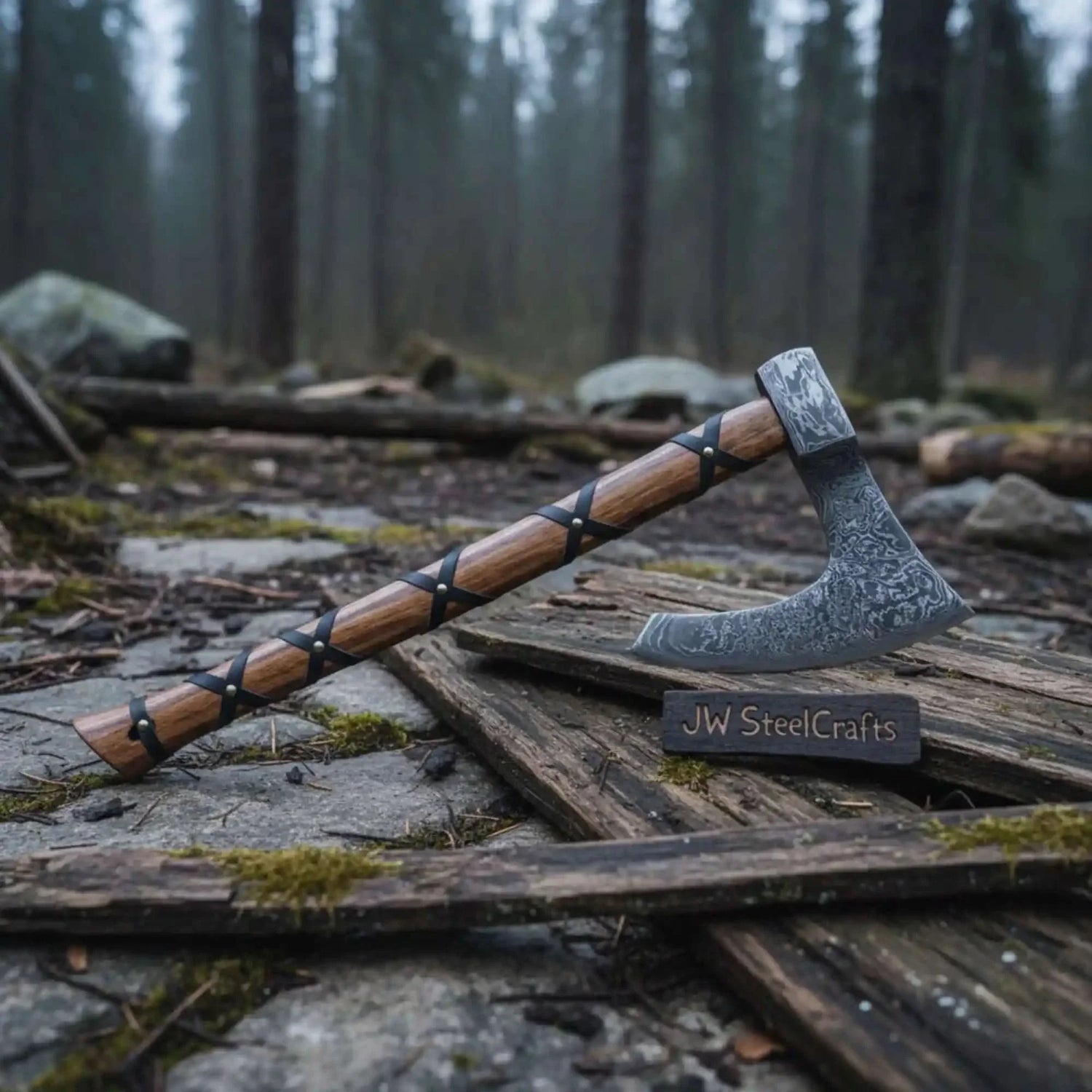 Handmade Damascus Skeggøx Bearded Axe with Leather Wrap and Sheath