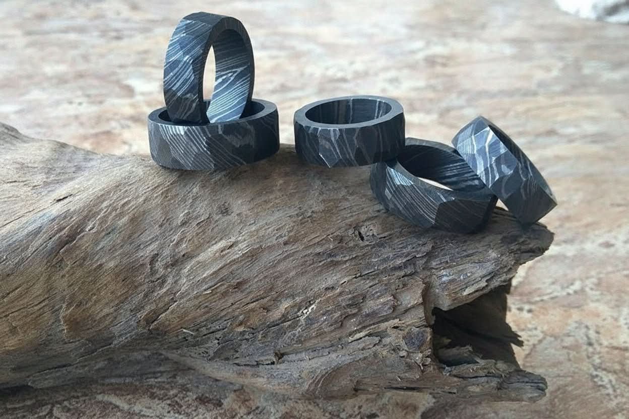 Damascus Steel Ring Set Lot of 5 Mens Handmade Wedding Bands Collection