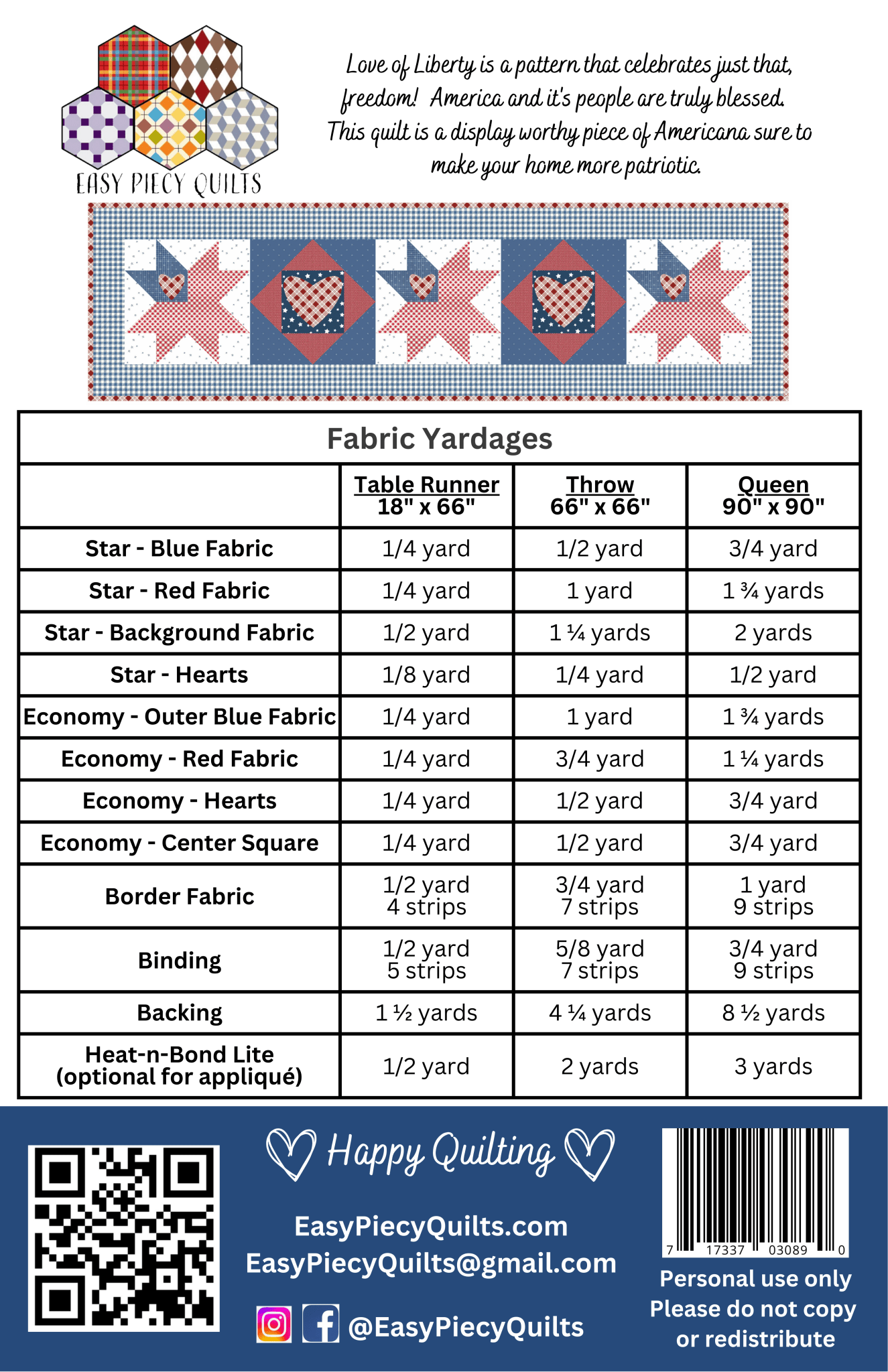 Love of Liberty Quilt Pattern - Paper Print Version, Mailed