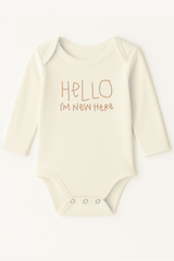 Hello I'm New Here Clay Organic Cotton Baby Bodysuit Long Sleeve by Tenth & Pine