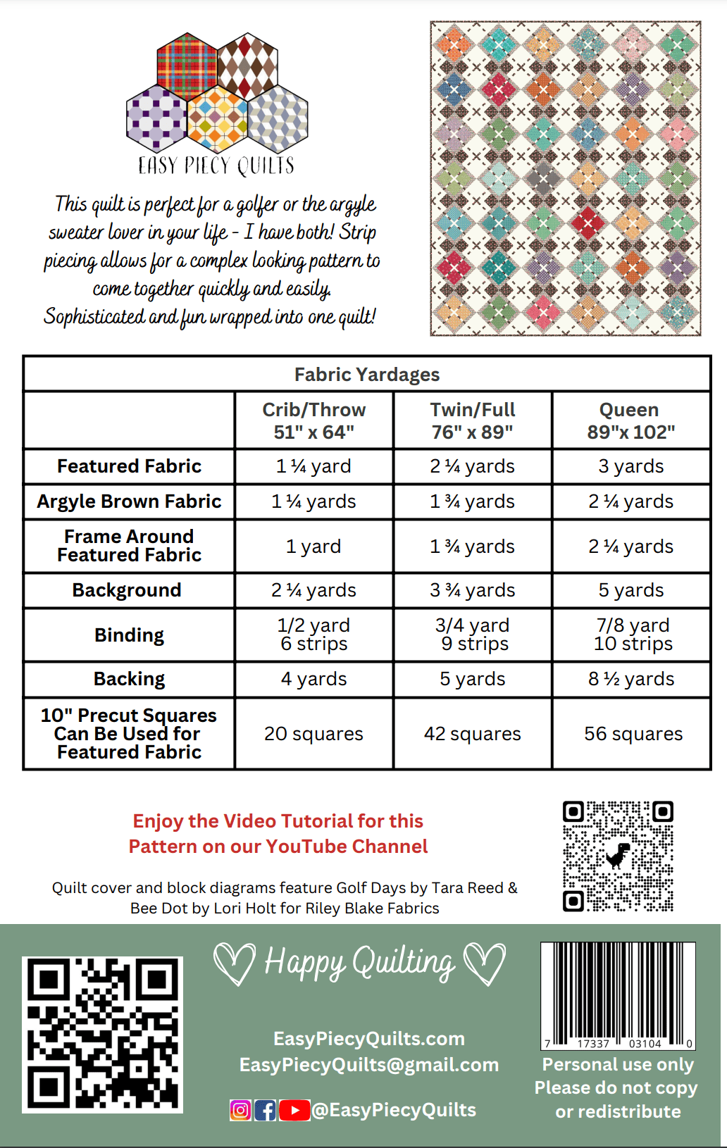 Match Play Argyle Golf Quilt Pattern - Paper Print Version