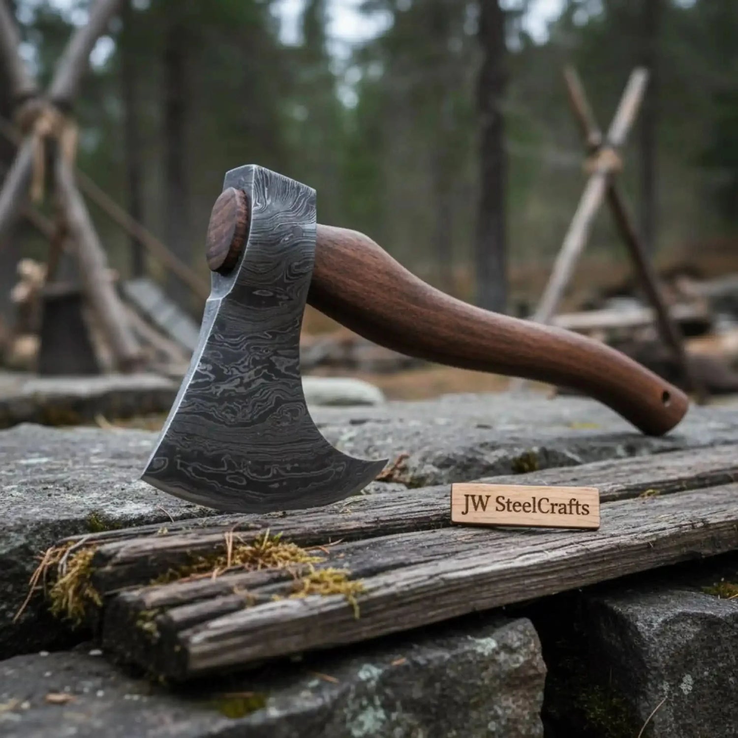 Handmade Damascus Steel Tomahawk Axe – Hand Forged Bearded Hatchet with Curved Hardwood Handle for Camping and Bushcraft | JW SteelCrafts