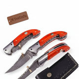 Handmade Damascus Folding Knife with Orange Pakka Wood Handle & Leather Sheath