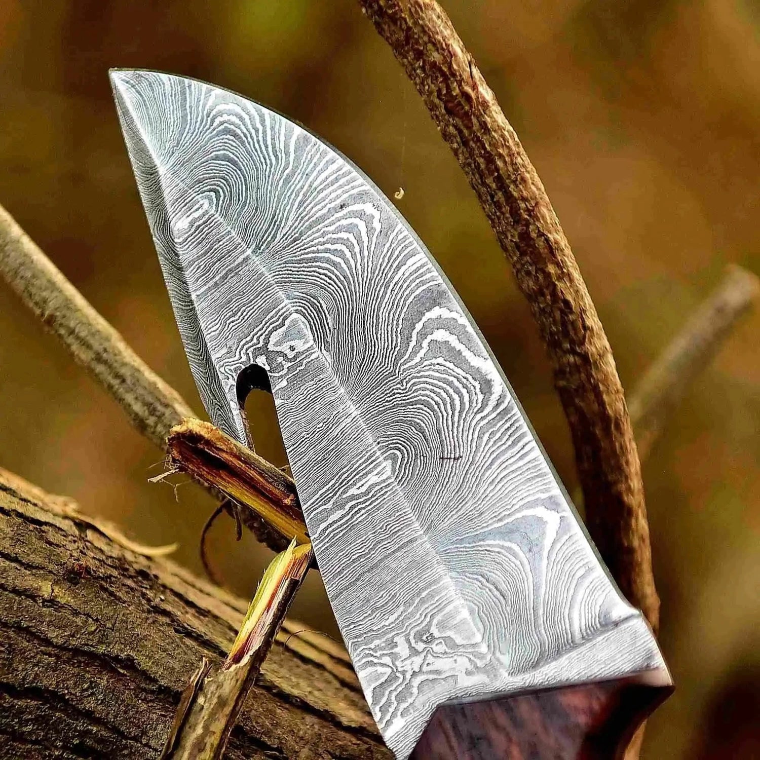 Damascus Gut Hook Hunting Knife — Bone, Turquoise Resin & Rosewood Handle