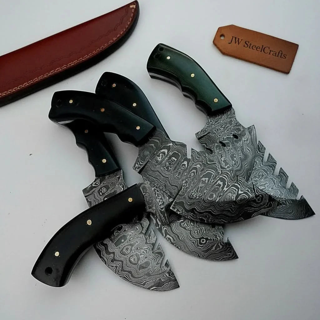 Custom Pattern-Welded Damascus Tracker Knives Collection (5 Knives) — Bushcraft & Survival Set