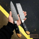 Twisted Damascus 12” Cleaver & 13” Chef Knife – Black Micarta and Olive Wood