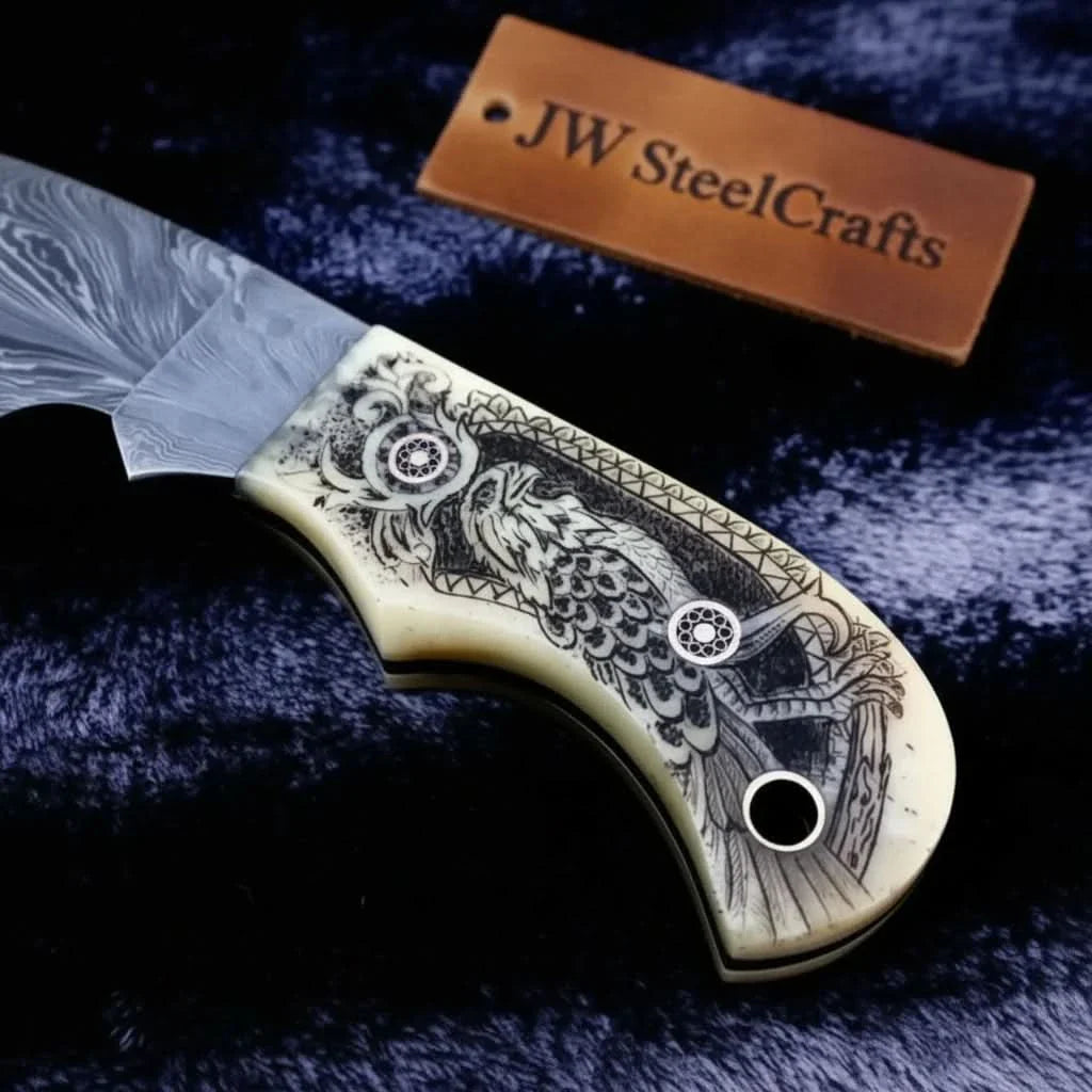 Handmade Damascus Drop Point Hunting Knife with Engraved Bone Handle and Leather Sheath