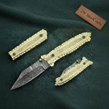 Handmade Damascus Steel Folding Knife with Olive Wood Handle – Brass Liner Pocket Knife