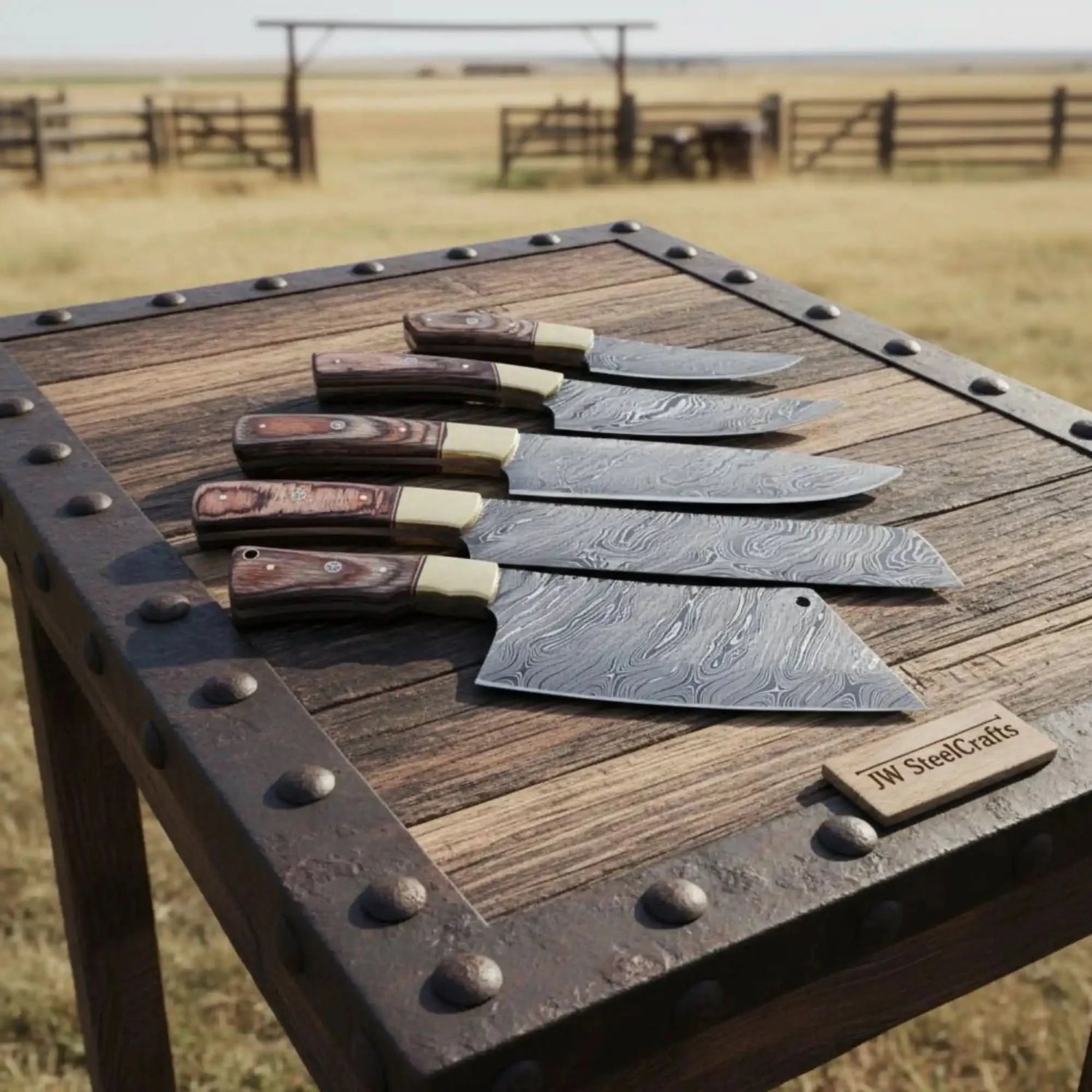 Handmade Damascus Kitchen Knife Set of 5 with Full Tang Wood Handles