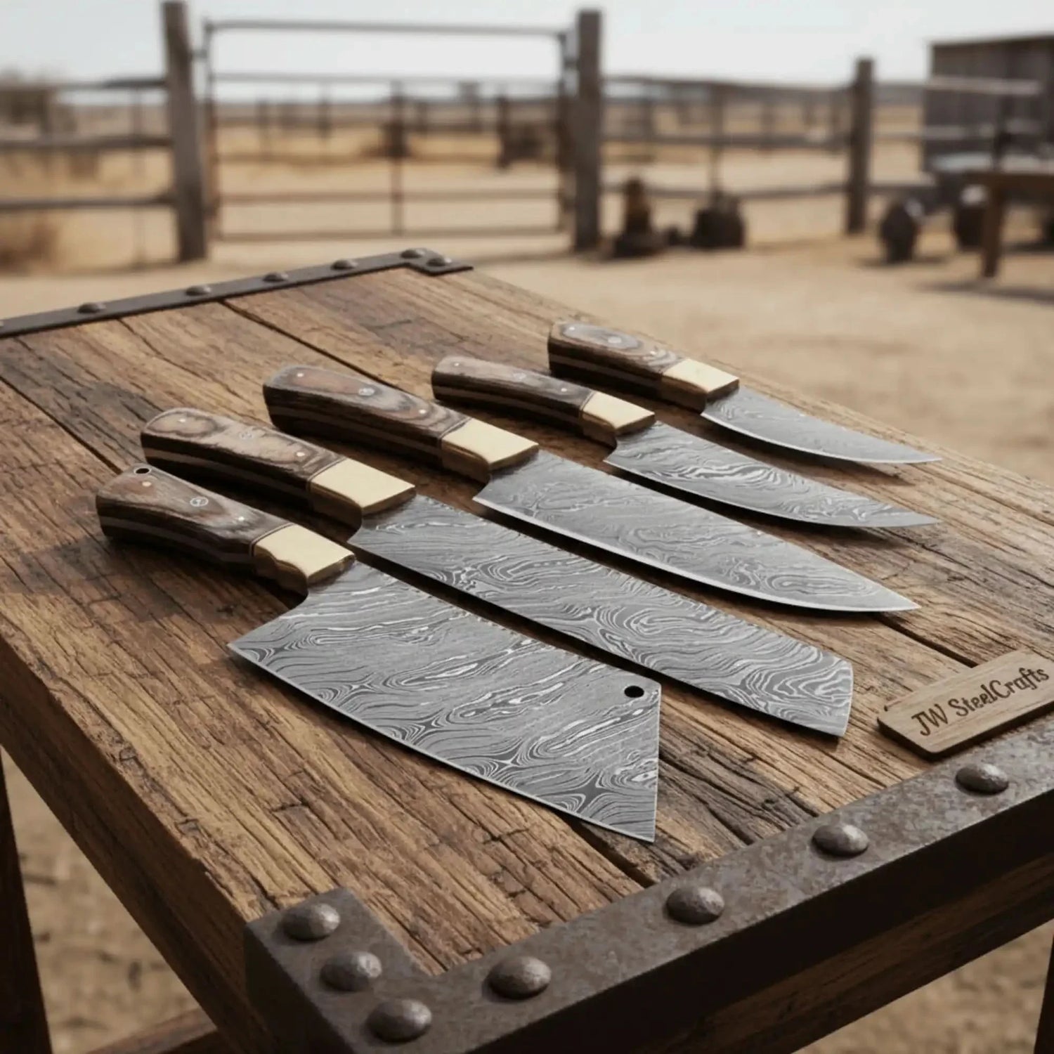 Handmade Damascus Kitchen Knife Set of 5 with Full Tang Wood Handles