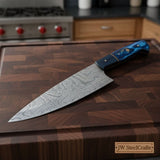 Chef Knife, Raindrop Pattern Damascus Steel Blade, Blue Resin and Black Wood Handle, Full Tang Professional Kitchen Knife, JW SteelCrafts
