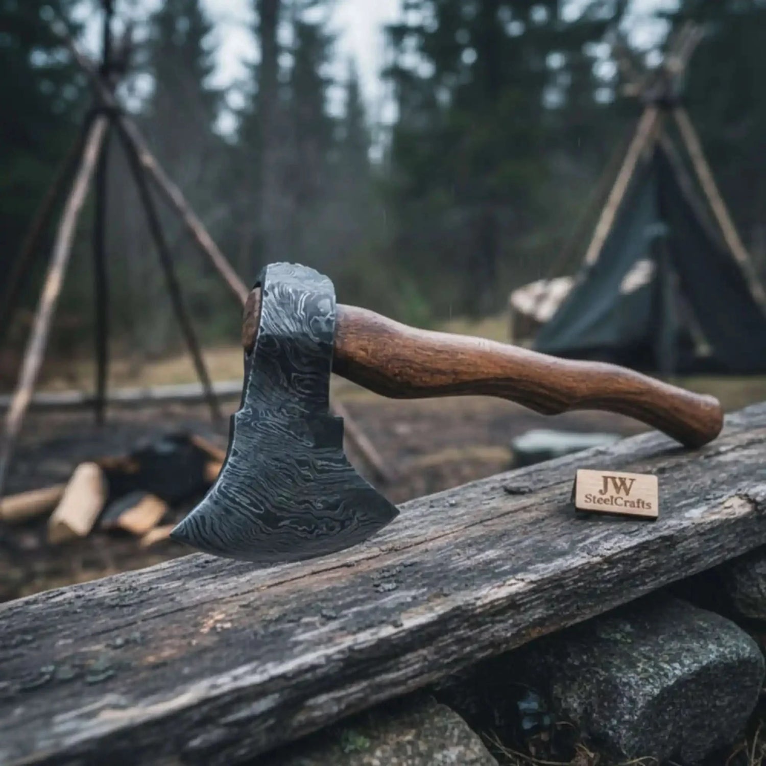 Damascus Scandinavian Carving Axe with Curved Hardwood Handle