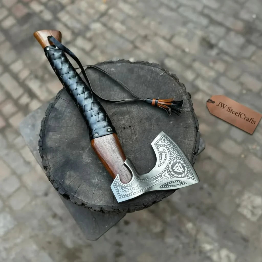 Viking Axe with Leather Wrapped Handle & Engraved Head – JW SteelCrafts