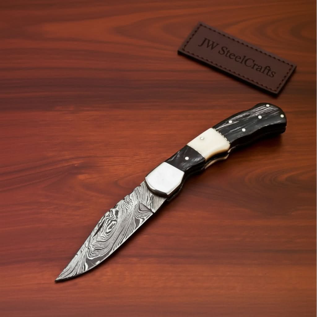 Handmade Damascus Folding Pocket Knife Engraved & Plain Handle Variants | Leather Sheath Included