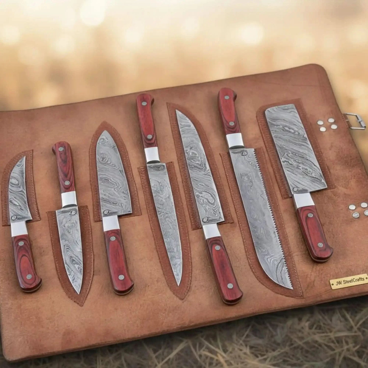Hammer-Forged Damascus Chef & Utility Knife Set in Leather Roll – Red Pakka Wood Handles, Full Tang