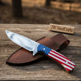 Handmade Drop Point Hunting Knife – High Polish Bearing Steel Blade, USA Flag Handle, Full Tang Fixed Blade