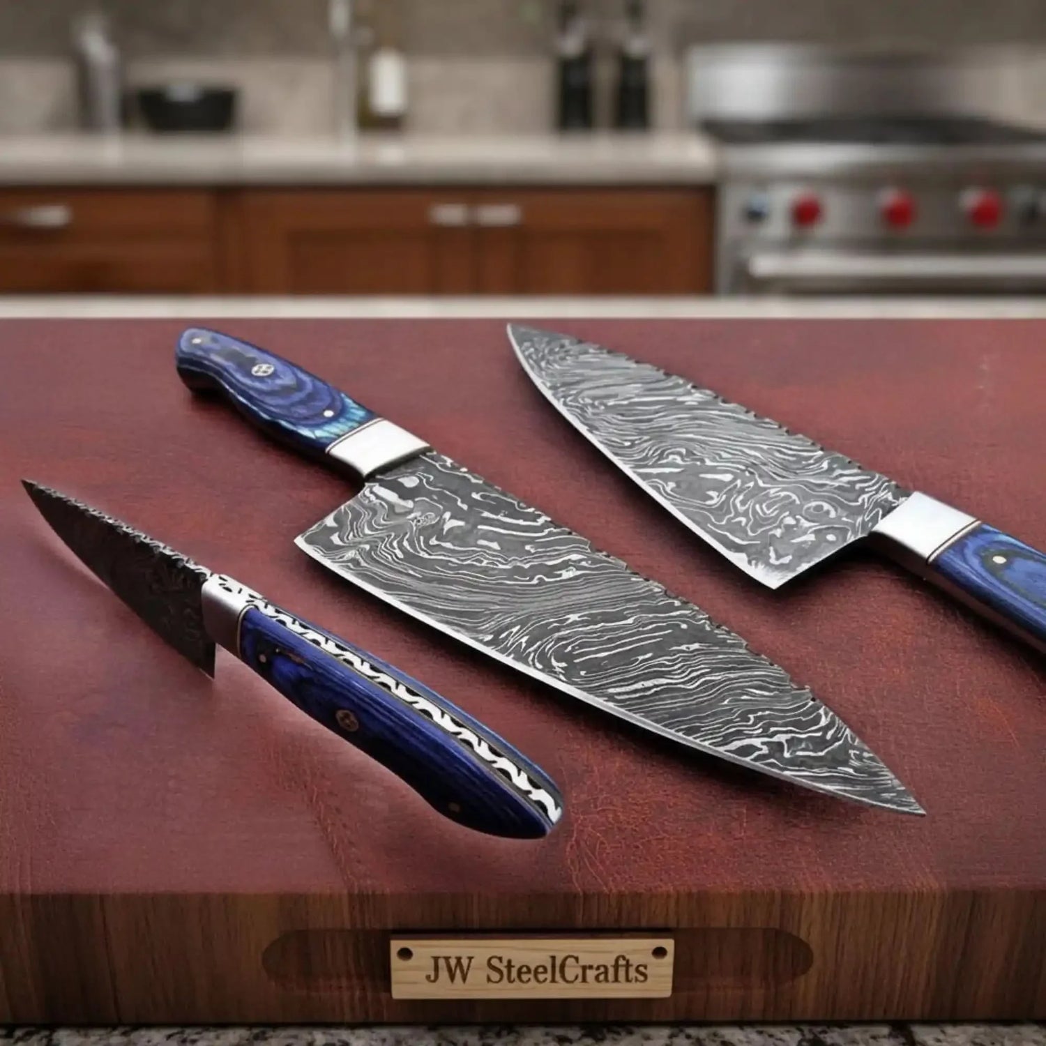 Hand-forged Fire Damascus Full-Tang Kitchen Knife – Blue Pakka Wood