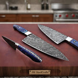 Hand-forged Fire Damascus Full-Tang Kitchen Knife – Blue Pakka Wood