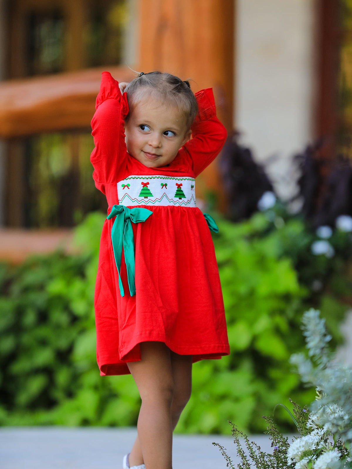 Christmas Smocked Dress with Green Bow and Tree Embroidery
