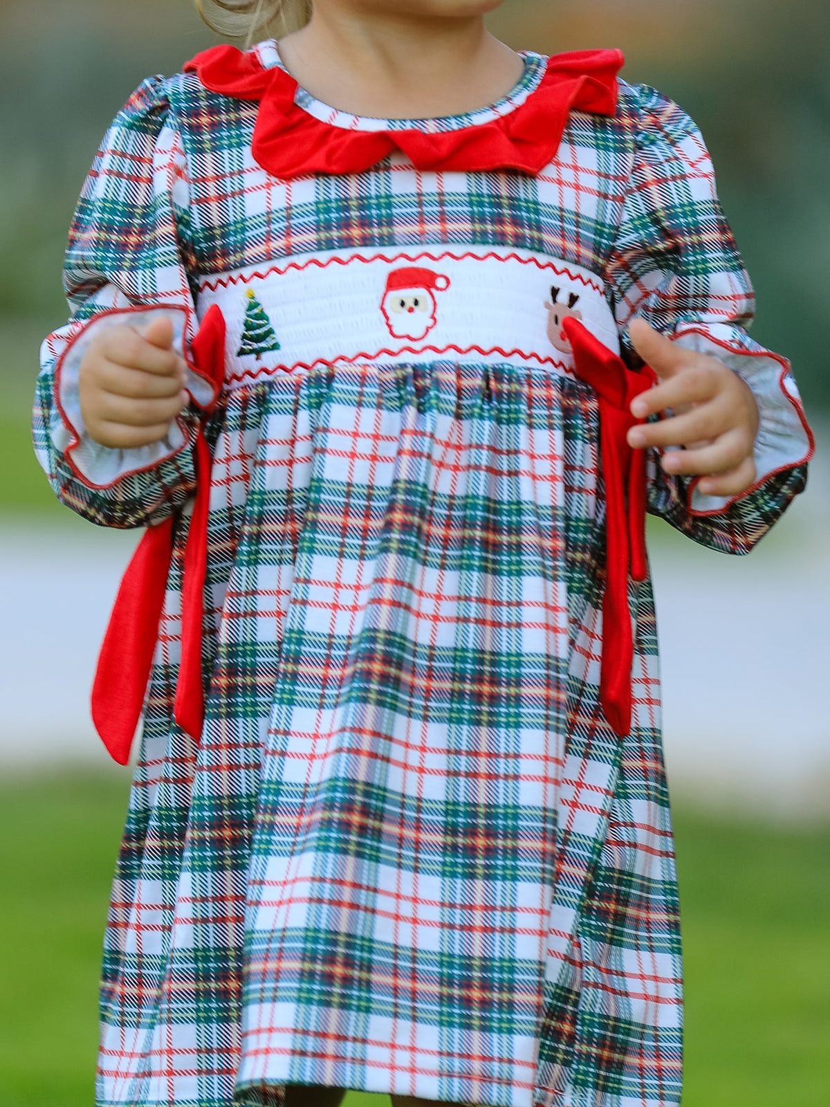 Christmas Embroidery Smocking Bow Plaid Girls Dress