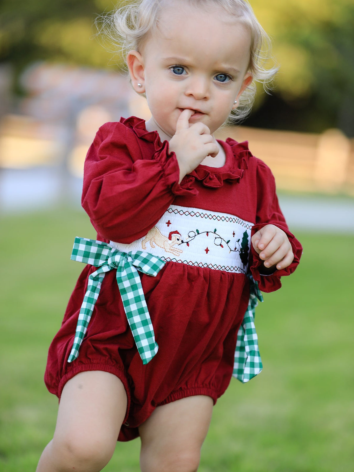 Christmas Embroidered Baby Girls Romper with Green Plaid Bow