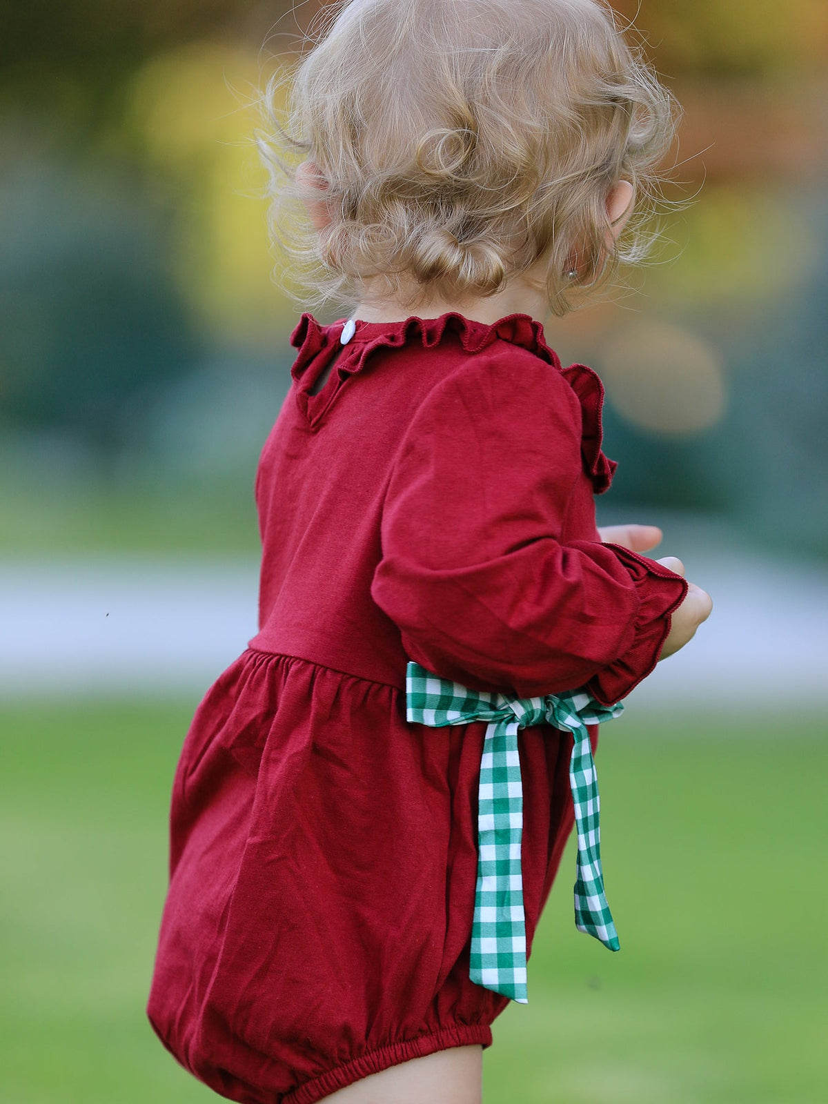 Christmas Embroidered Baby Girls Romper with Green Plaid Bow