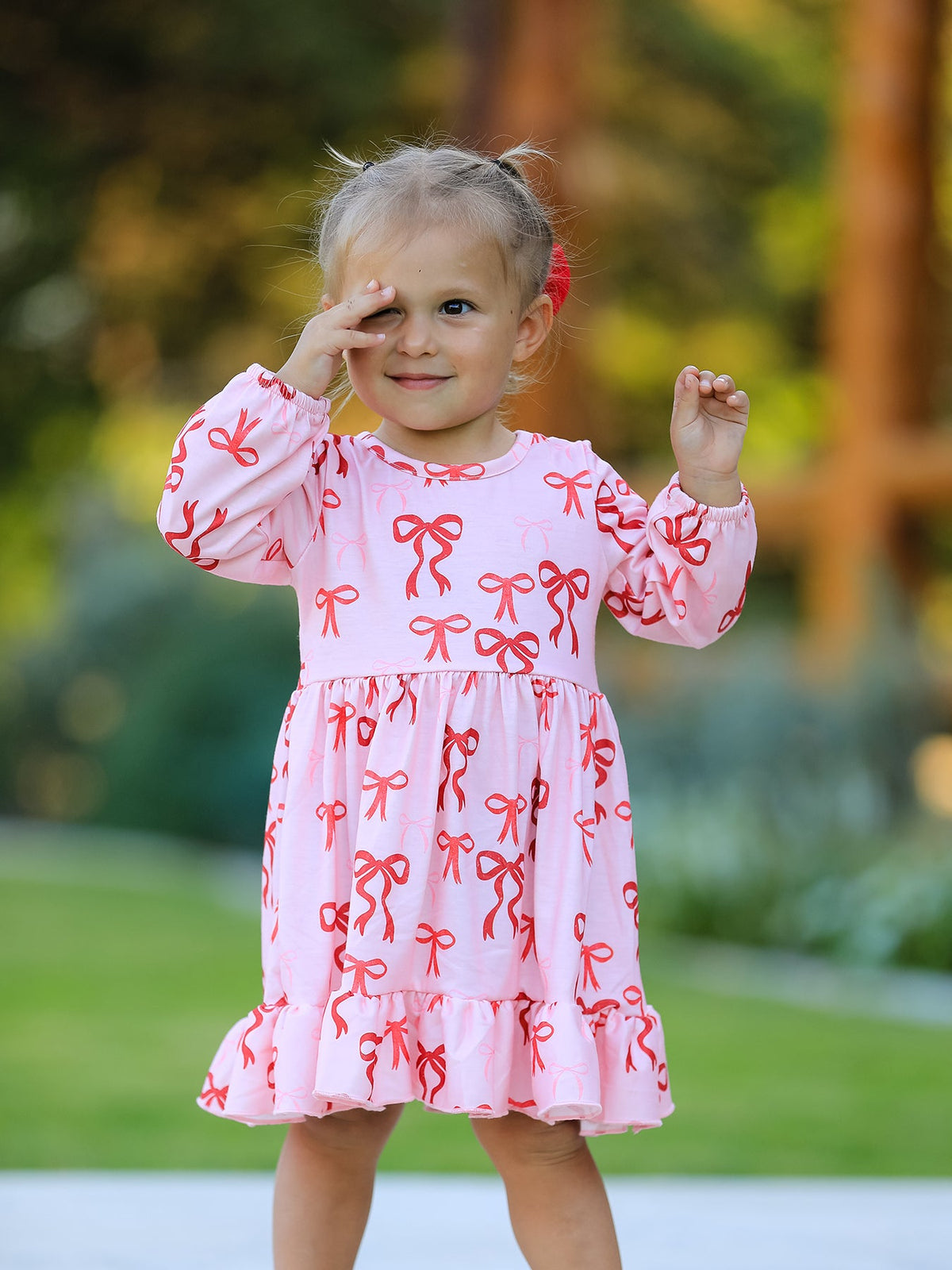 Pink Bow Print Girls Dress with Ruffle Hem