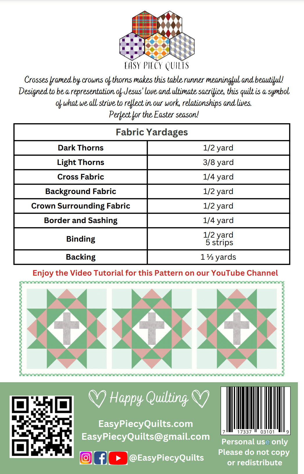 Rugged Cross Table Runner Pattern - Paper Print Version