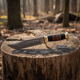 Hammer Forged Damascus Clip Point Bowie Knife with Resin & Stacked Leather Handle